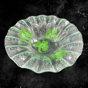 Studio Fused Art Glass Dish Plate Ruffled Edges 3 Leaf Shamrock Clear Glass Dish